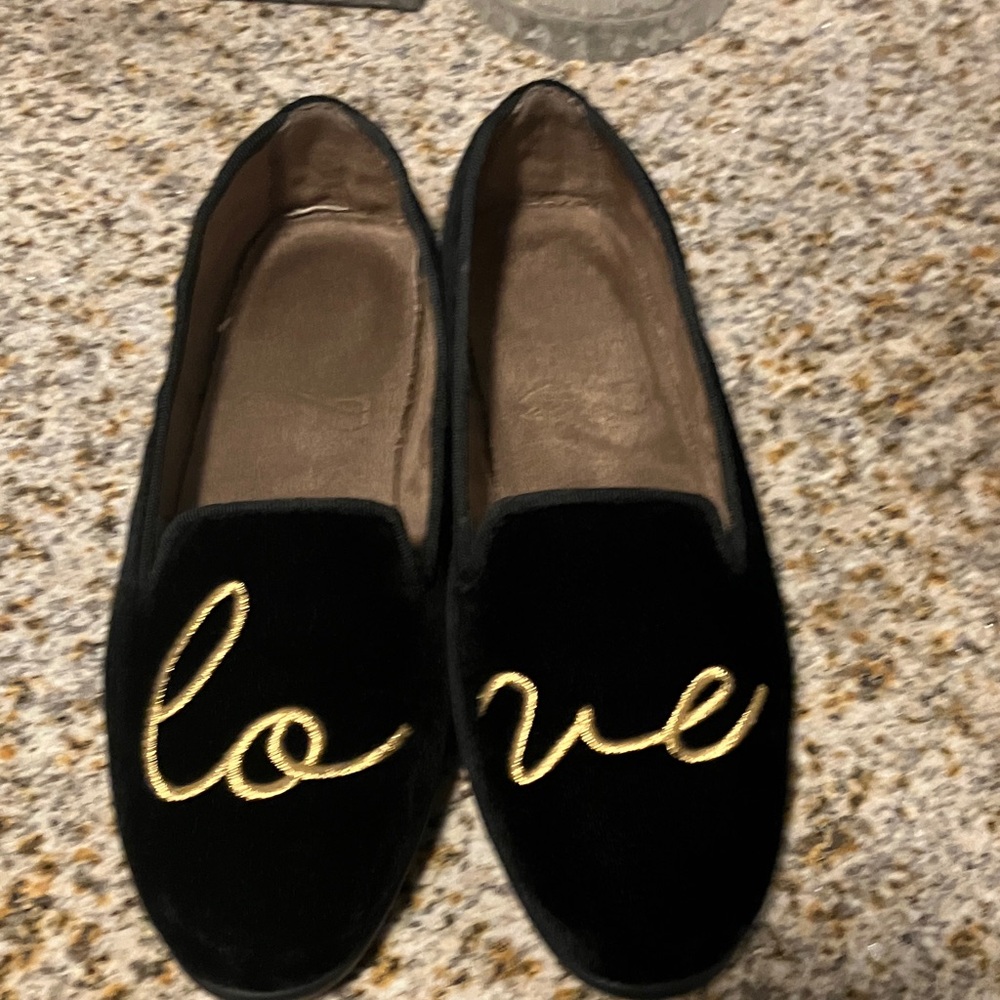 LOVE message black velvet loafers flats size 7.5